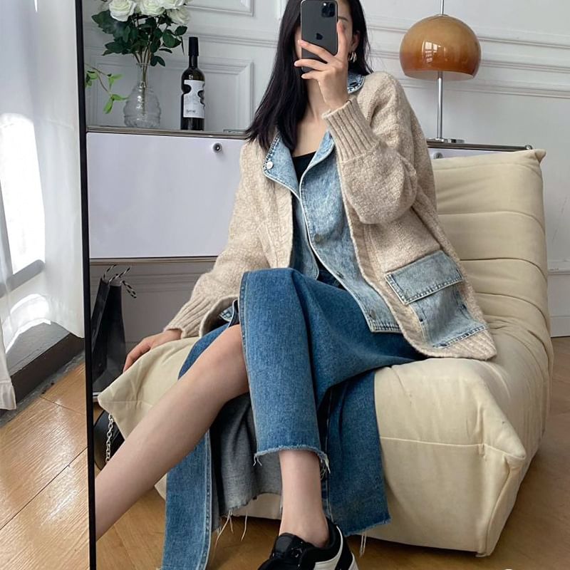 Mock Two-Piece Denim Panel Knit Cardigan SpreePicky