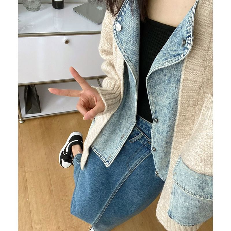 Mock Two-Piece Denim Panel Knit Cardigan SpreePicky