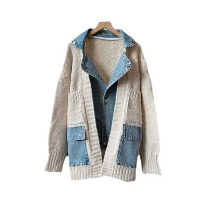 Mock Two-Piece Denim Panel Knit Cardigan SpreePicky