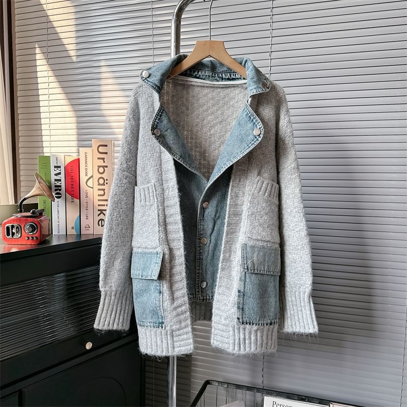 Mock Two-Piece Denim Panel Knit Cardigan SpreePicky