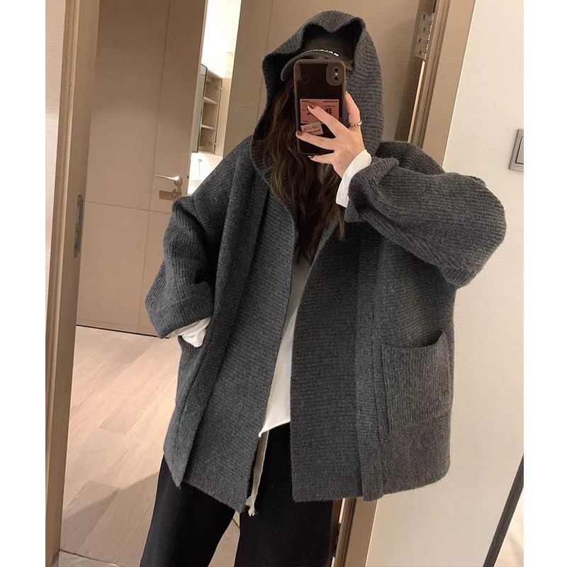 Solid Hooded Loose Knitted Cardigan SpreePicky