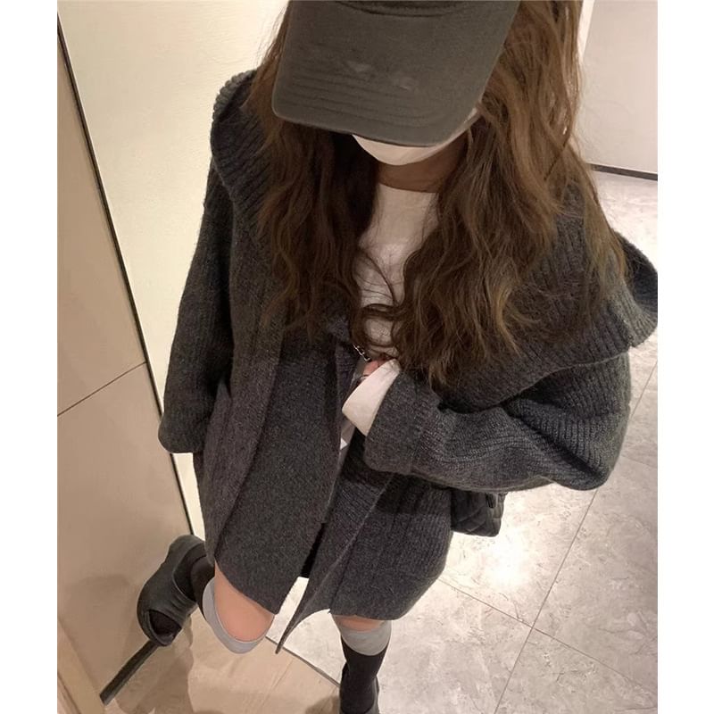 Solid Hooded Loose Knitted Cardigan SpreePicky