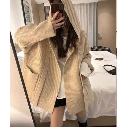 Solid Hooded Loose Knitted Cardigan SpreePicky