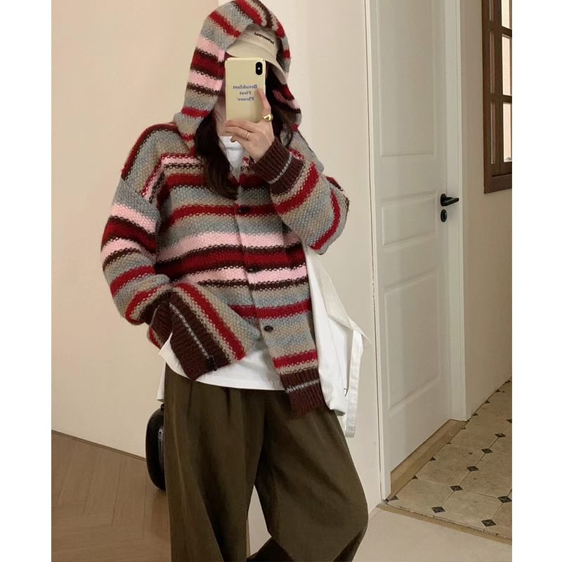 Hooded Long-Sleeve Striped Knit Long Cardigan SpreePicky