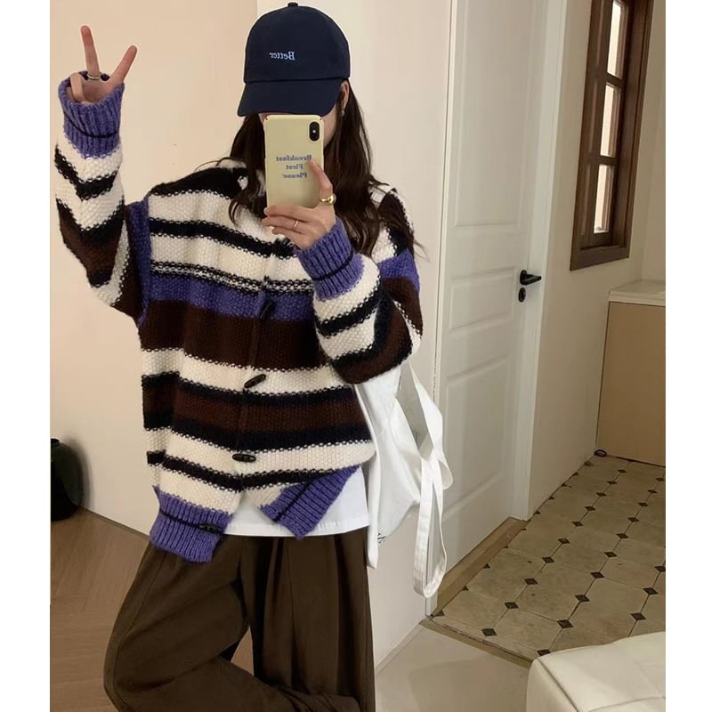 Hooded Long-Sleeve Striped Knit Long Cardigan SpreePicky