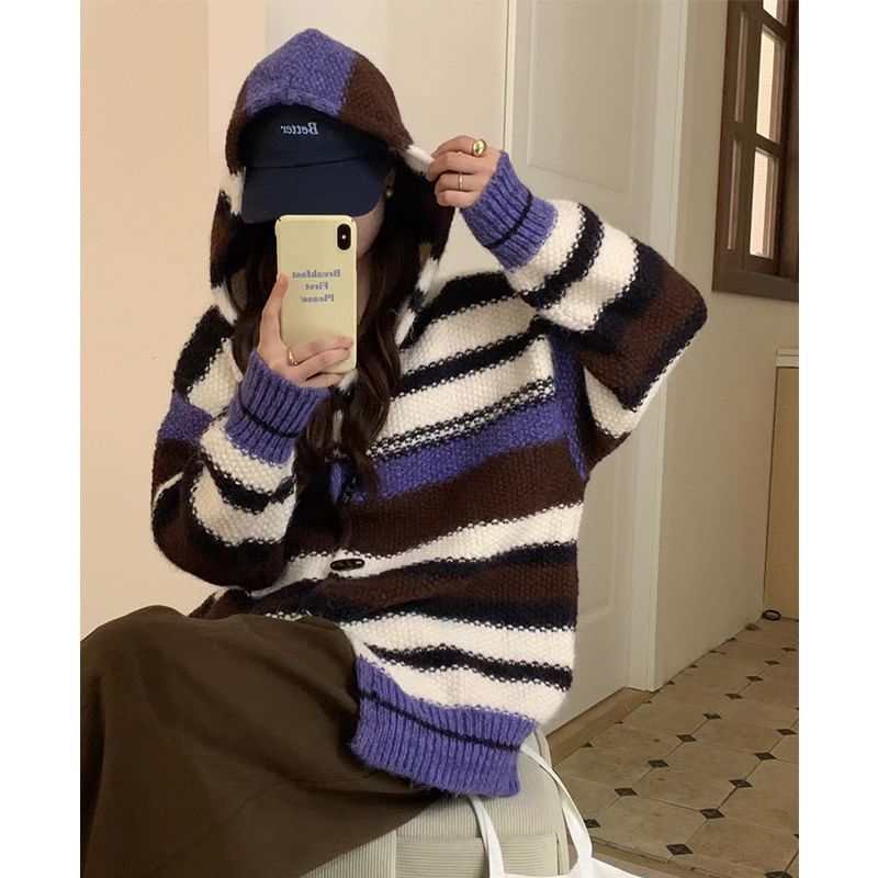 Hooded Long-Sleeve Striped Knit Long Cardigan SpreePicky