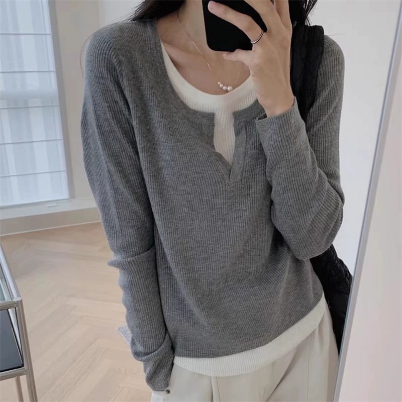 Long-Sleeve V-Neck Mock Two Piece Knit Top SpreePicky