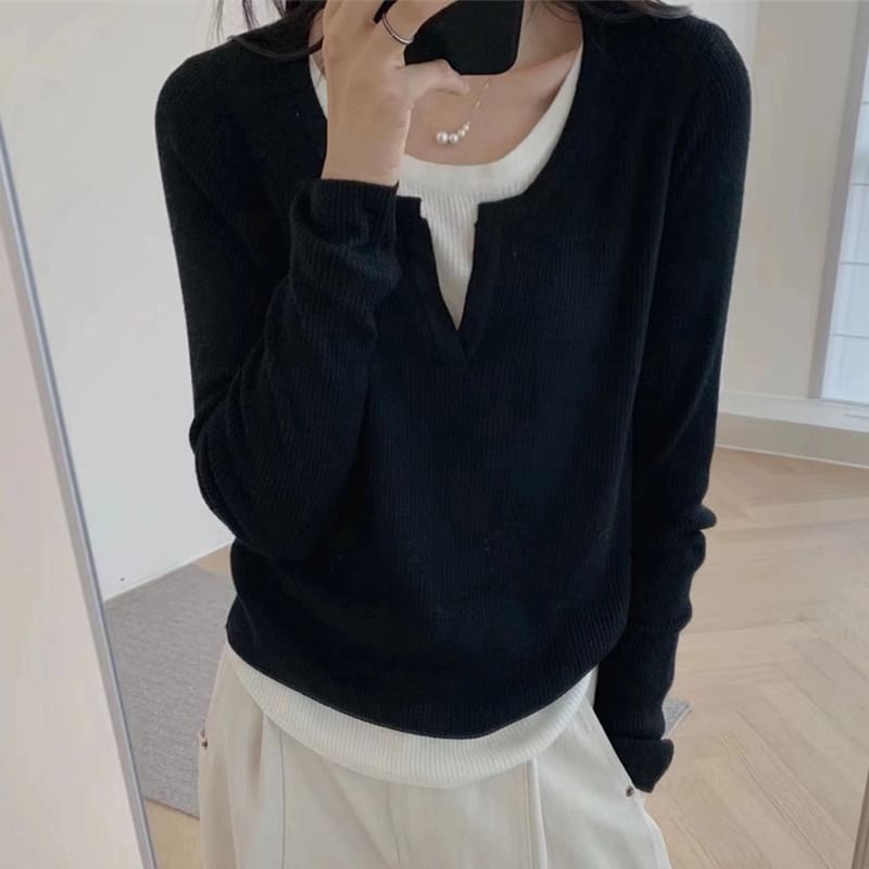 Long-Sleeve V-Neck Mock Two Piece Knit Top SpreePicky