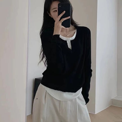 Long-Sleeve V-Neck Mock Two Piece Knit Top SpreePicky