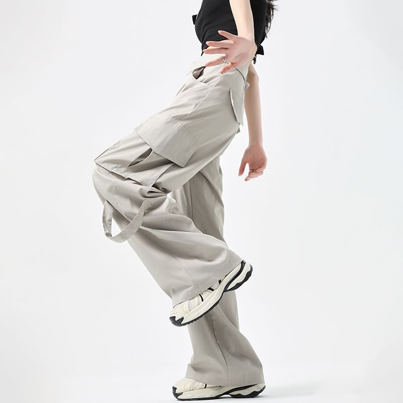 High Waist Folded Waistline Plain Straight-Fit Wide-Leg Cargo Pants SpreePicky