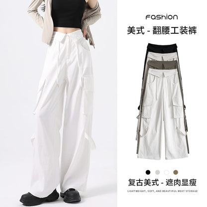 High Waist Folded Waistline Plain Straight-Fit Wide-Leg Cargo Pants SpreePicky