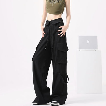 High Waist Folded Waistline Plain Straight-Fit Wide-Leg Cargo Pants SpreePicky