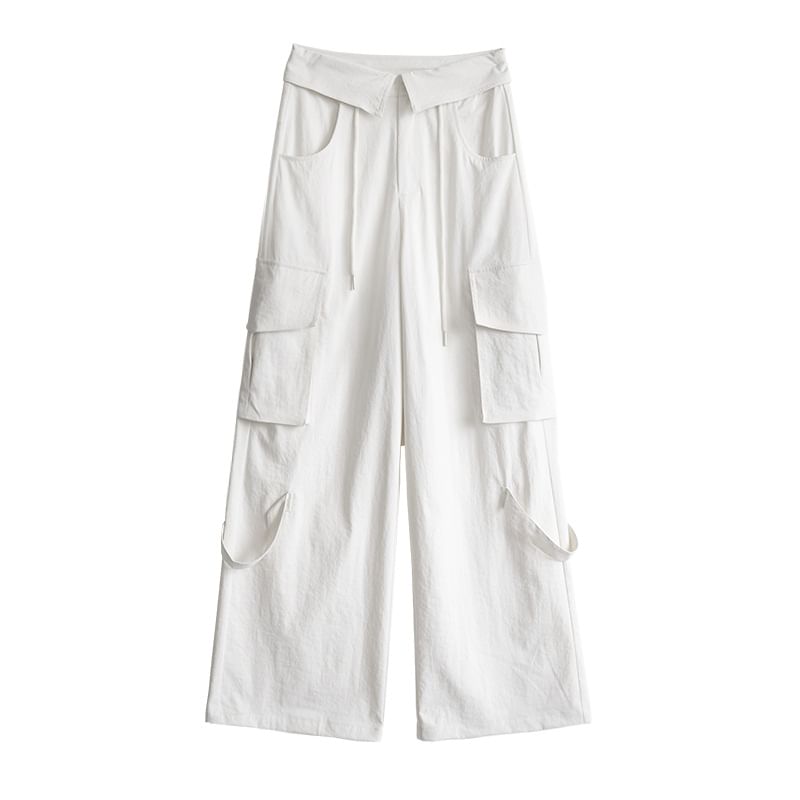 High Waist Folded Waistline Plain Straight-Fit Wide-Leg Cargo Pants SpreePicky