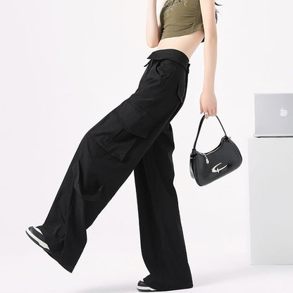 High Waist Folded Waistline Plain Straight-Fit Wide-Leg Cargo Pants SpreePicky