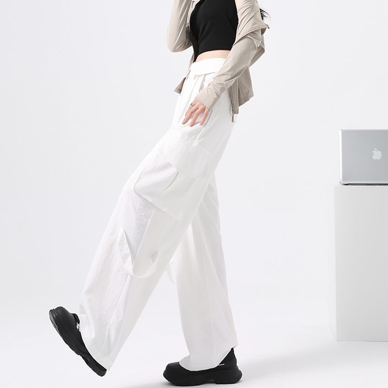 High Waist Folded Waistline Plain Straight-Fit Wide-Leg Cargo Pants SpreePicky