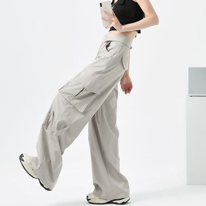 High Waist Folded Waistline Plain Straight-Fit Wide-Leg Cargo Pants SpreePicky