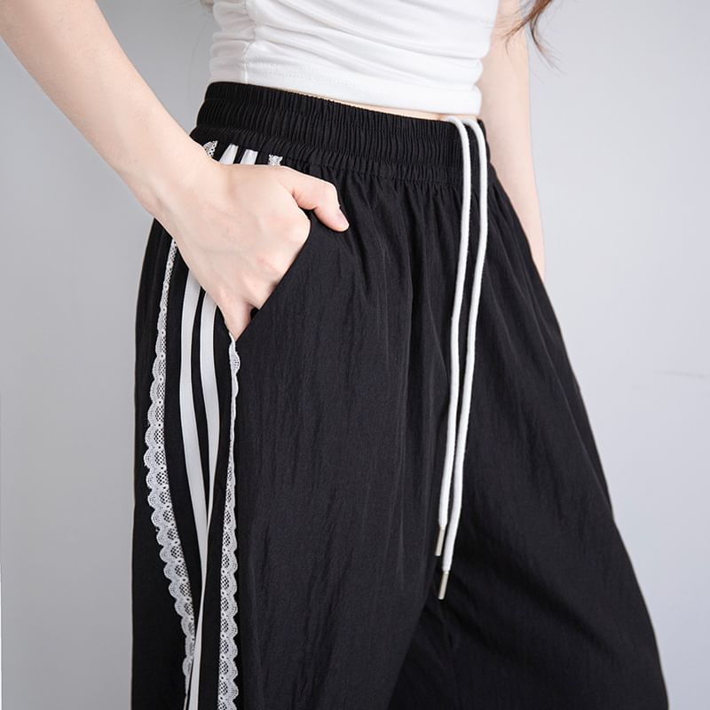 High Waist Lace-Trim Striped Loose-Fit Wide-Leg Sweatpants SpreePicky