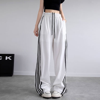 High Waist Lace-Trim Striped Loose-Fit Wide-Leg Sweatpants SpreePicky