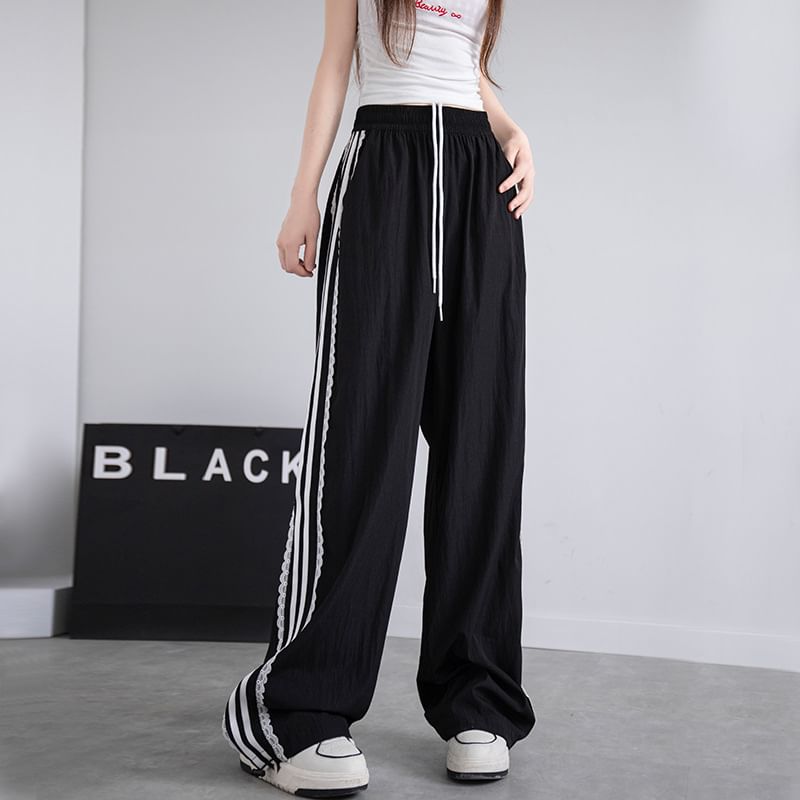 High Waist Lace-Trim Striped Loose-Fit Wide-Leg Sweatpants SpreePicky