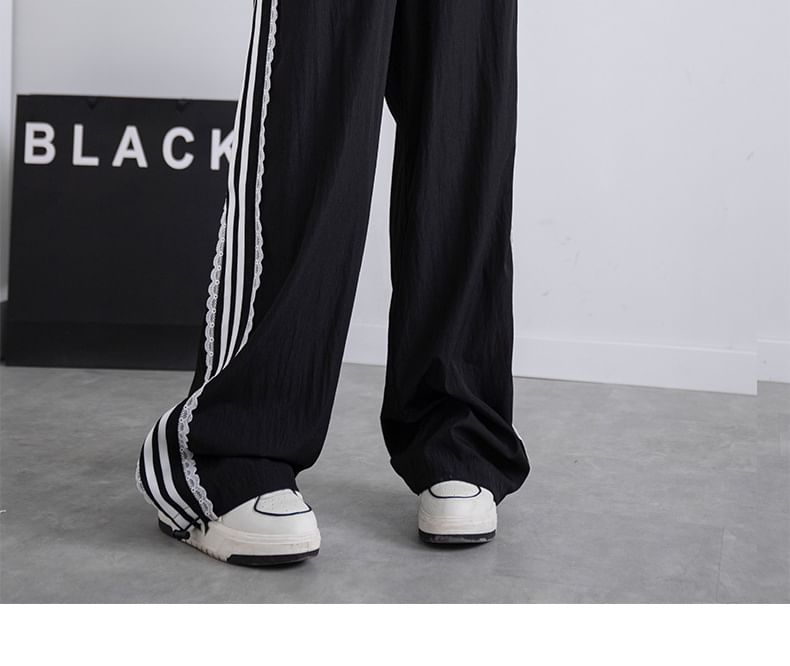 High Waist Lace-Trim Striped Loose-Fit Wide-Leg Sweatpants SpreePicky