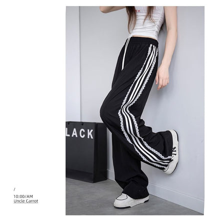 High Waist Lace-Trim Striped Loose-Fit Wide-Leg Sweatpants SpreePicky