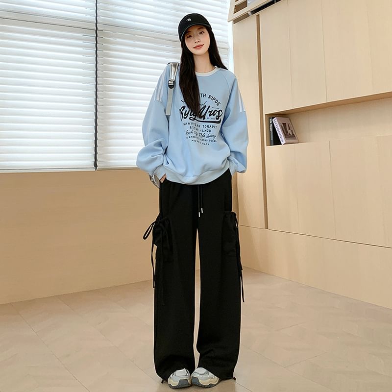 High Rise Plain Bow Accent Loose-Fit Wide-Leg Sweatpants SpreePicky