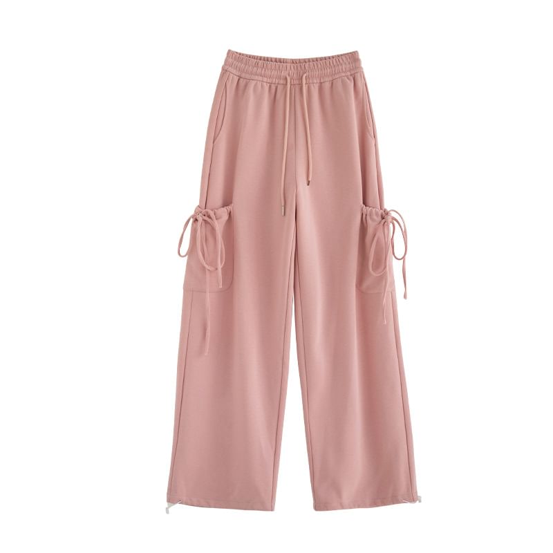 High Rise Plain Bow Accent Loose-Fit Wide-Leg Sweatpants SpreePicky