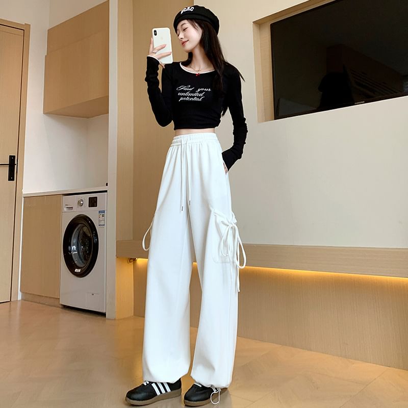 High Rise Plain Bow Accent Loose-Fit Wide-Leg Sweatpants SpreePicky