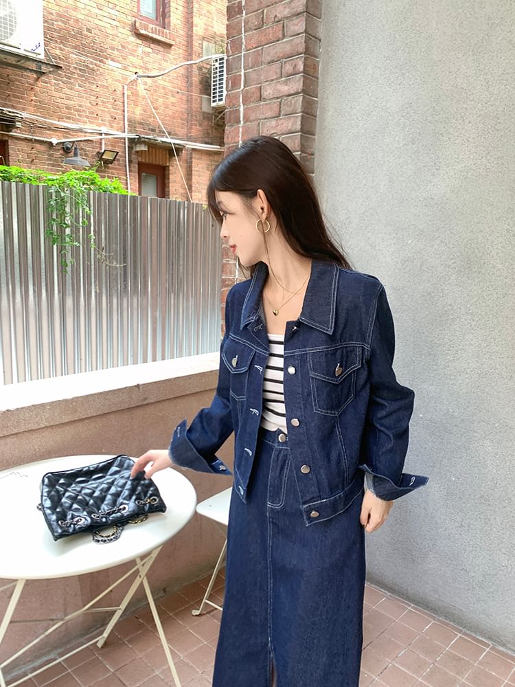 Set: Collared Plain Denim Button Jacket + Mid Rise Denim Midi A-Line Skirt SpreePicky