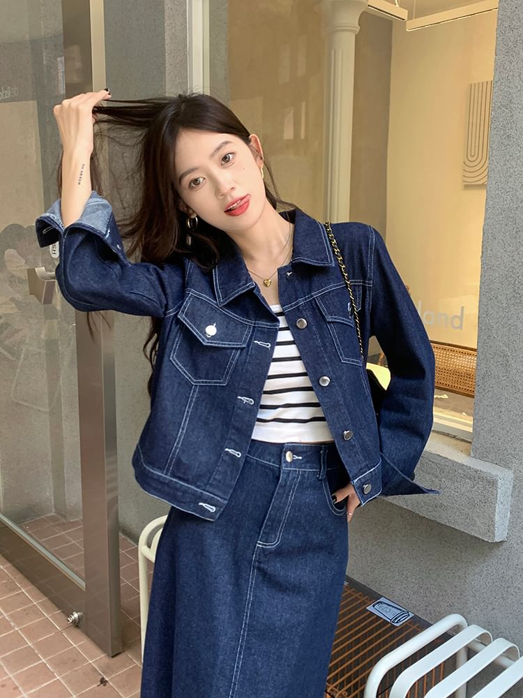 Set: Collared Plain Denim Button Jacket + Mid Rise Denim Midi A-Line Skirt SpreePicky