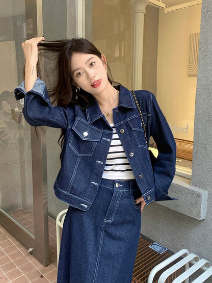 Set: Collared Plain Denim Button Jacket + Mid Rise Denim Midi A-Line Skirt SpreePicky