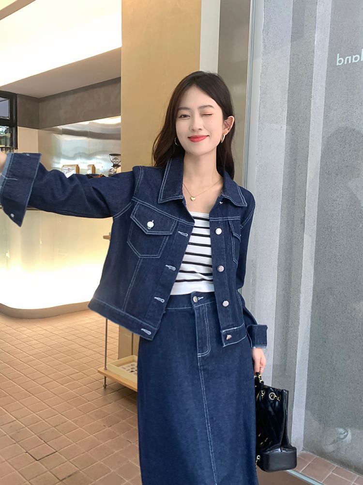 Set: Collared Plain Denim Button Jacket + Mid Rise Denim Midi A-Line Skirt SpreePicky