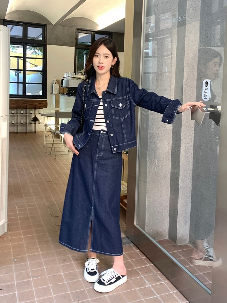 Set: Collared Plain Denim Button Jacket + Mid Rise Denim Midi A-Line Skirt SpreePicky