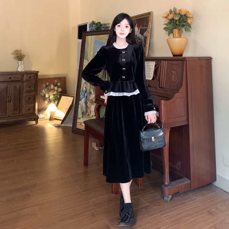 Long Sleeve Band Collar Ruffle Hem Velvet Midi A-Line Dress SpreePicky