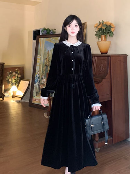 Long Sleeve Peter Pan Collar Lace Trim Velvet Midi A-Line Dress SpreePicky