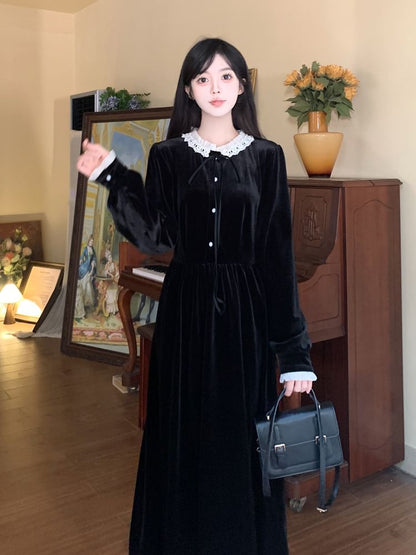 Long Sleeve Peter Pan Collar Lace Trim Velvet Midi A-Line Dress SpreePicky