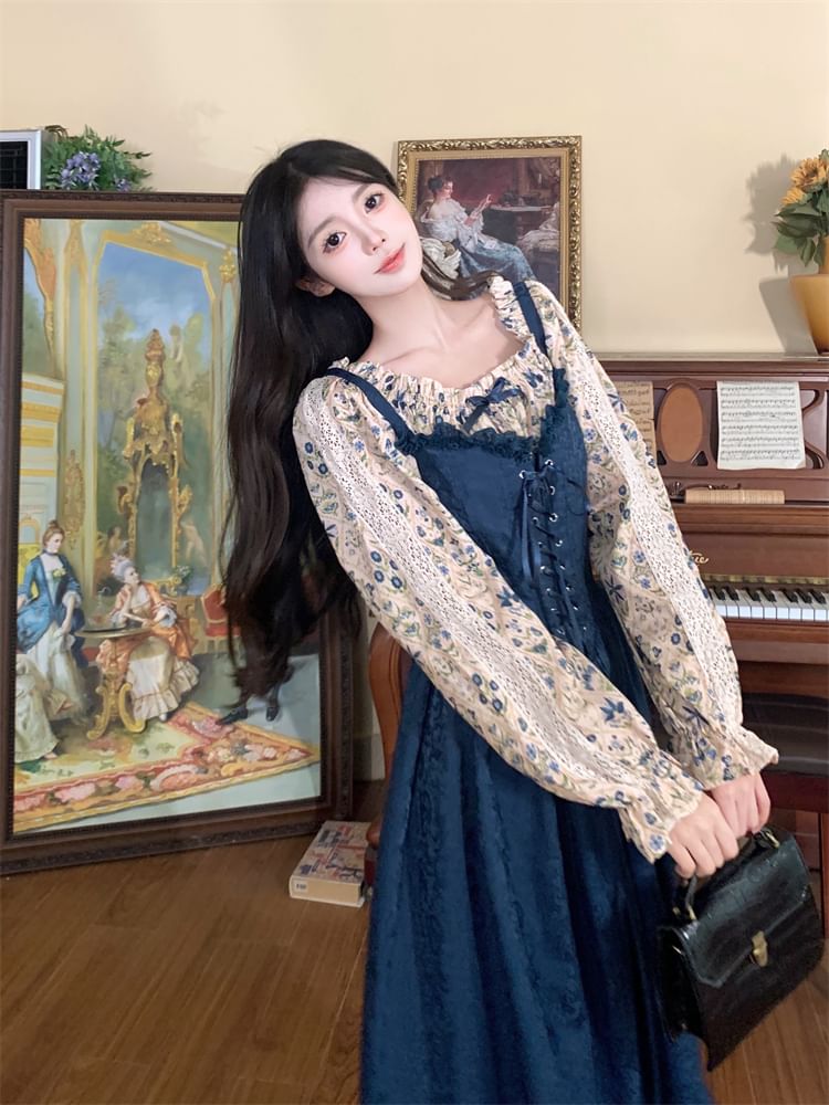 Long-Sleeve Square Neck Floral Blouse / Spaghetti Strap Lace Up Midi A-Line Dress SpreePicky