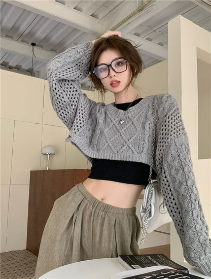 Crewneck Cable Knit Plain Crop Sweater SpreePicky