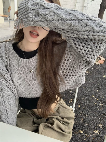 Crewneck Cable Knit Plain Crop Sweater SpreePicky