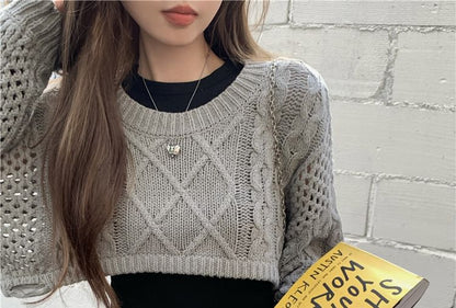 Crewneck Cable Knit Plain Crop Sweater SpreePicky