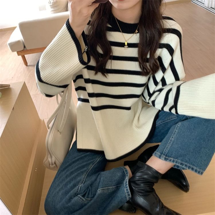 Oversized Side-Slit Striped Knit Top SpreePicky