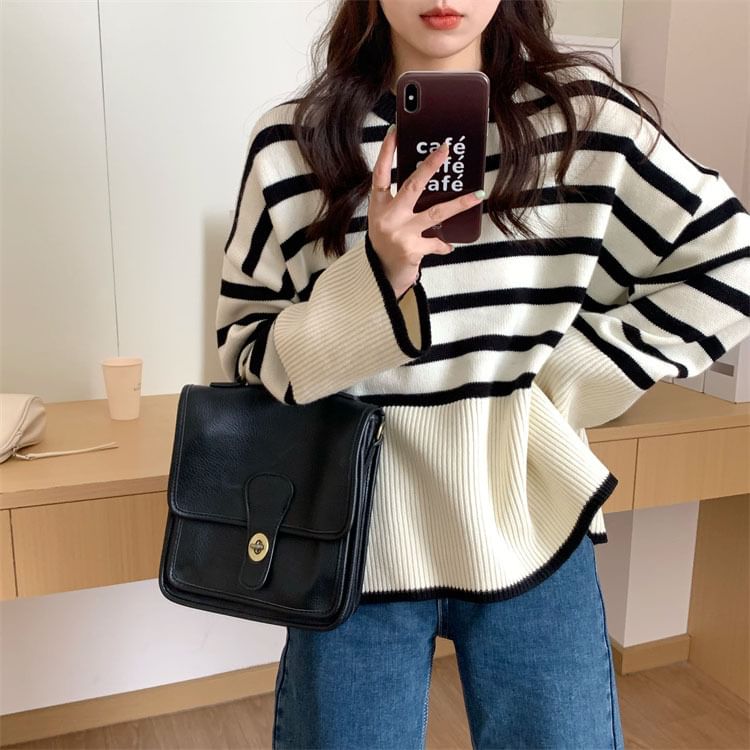 Oversized Side-Slit Striped Knit Top SpreePicky