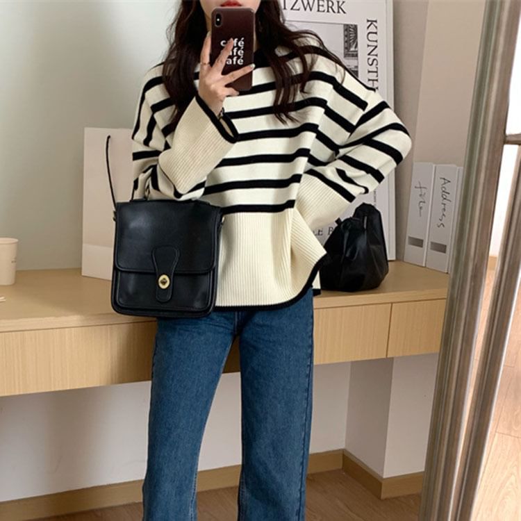 Oversized Side-Slit Striped Knit Top SpreePicky