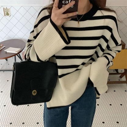 Oversized Side-Slit Striped Knit Top SpreePicky