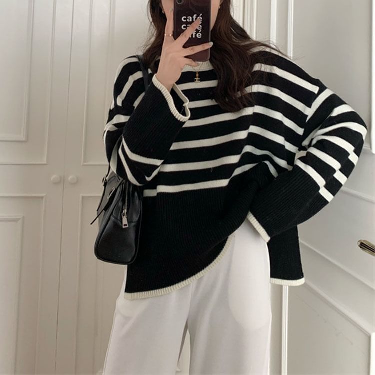 Oversized Side-Slit Striped Knit Top SpreePicky