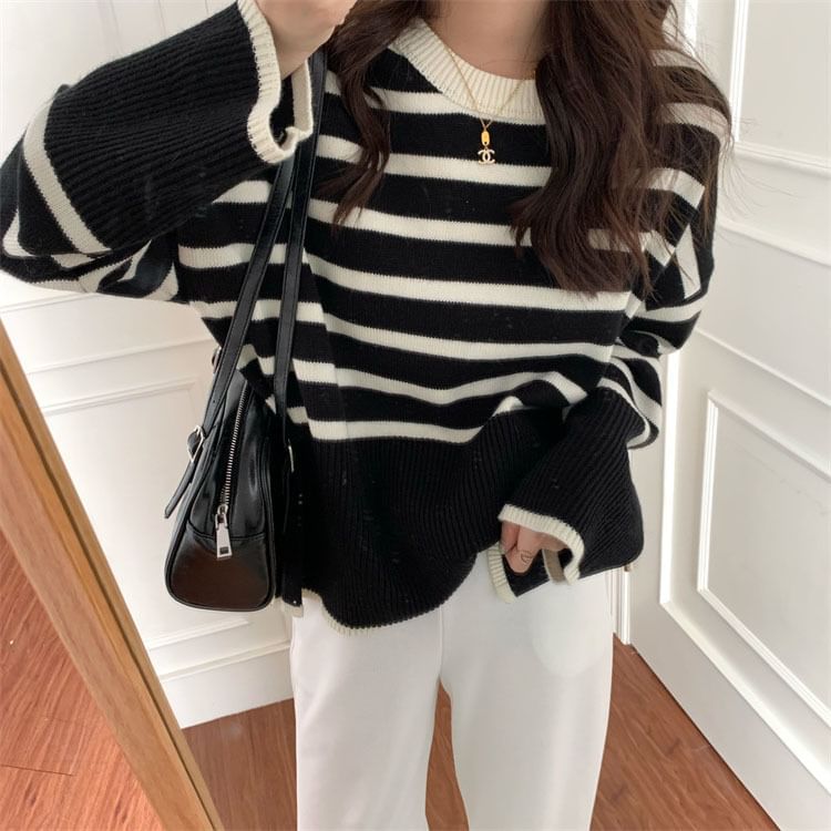 Oversized Side-Slit Striped Knit Top SpreePicky