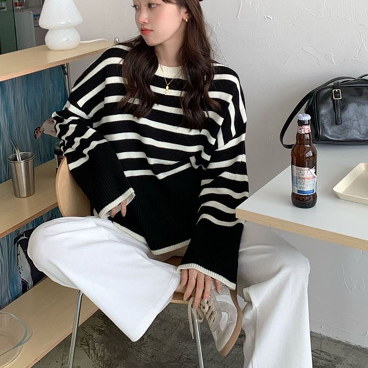 Oversized Side-Slit Striped Knit Top SpreePicky