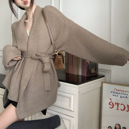 Open-Front Lapel Knit Cardigan with Sash SpreePicky