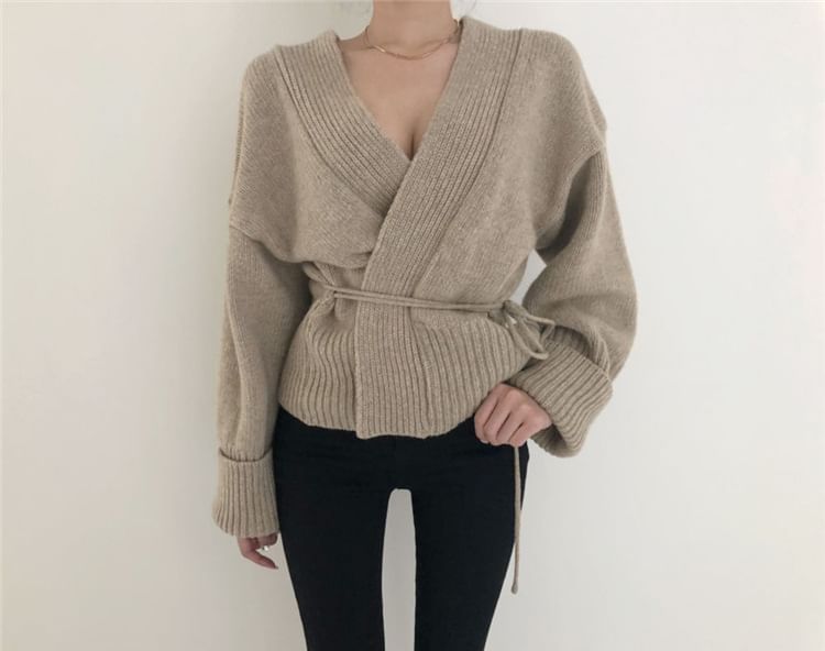 Wrapped V-Neck Knit Cardigan with Sash SpreePicky