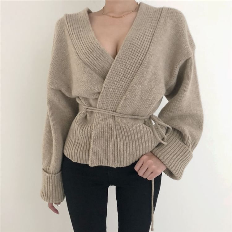 Wrapped V-Neck Knit Cardigan with Sash SpreePicky